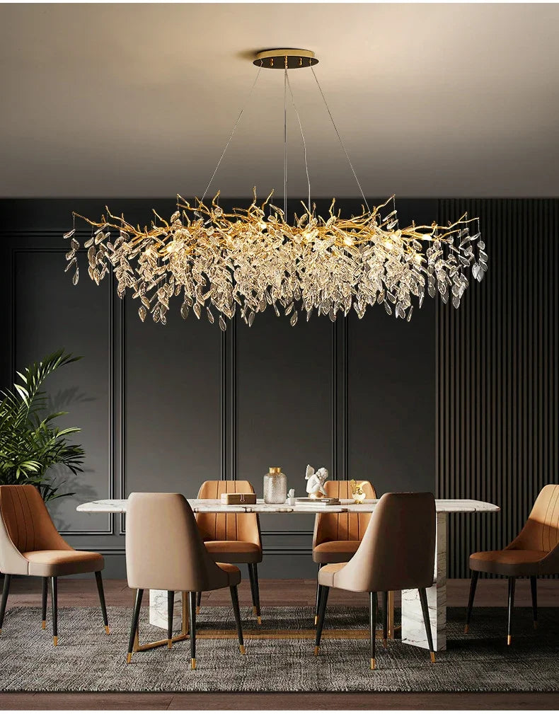 Crystal Chandelier: Luxury Gold Leaf Design LED Pendant Light for Dining & Living Room