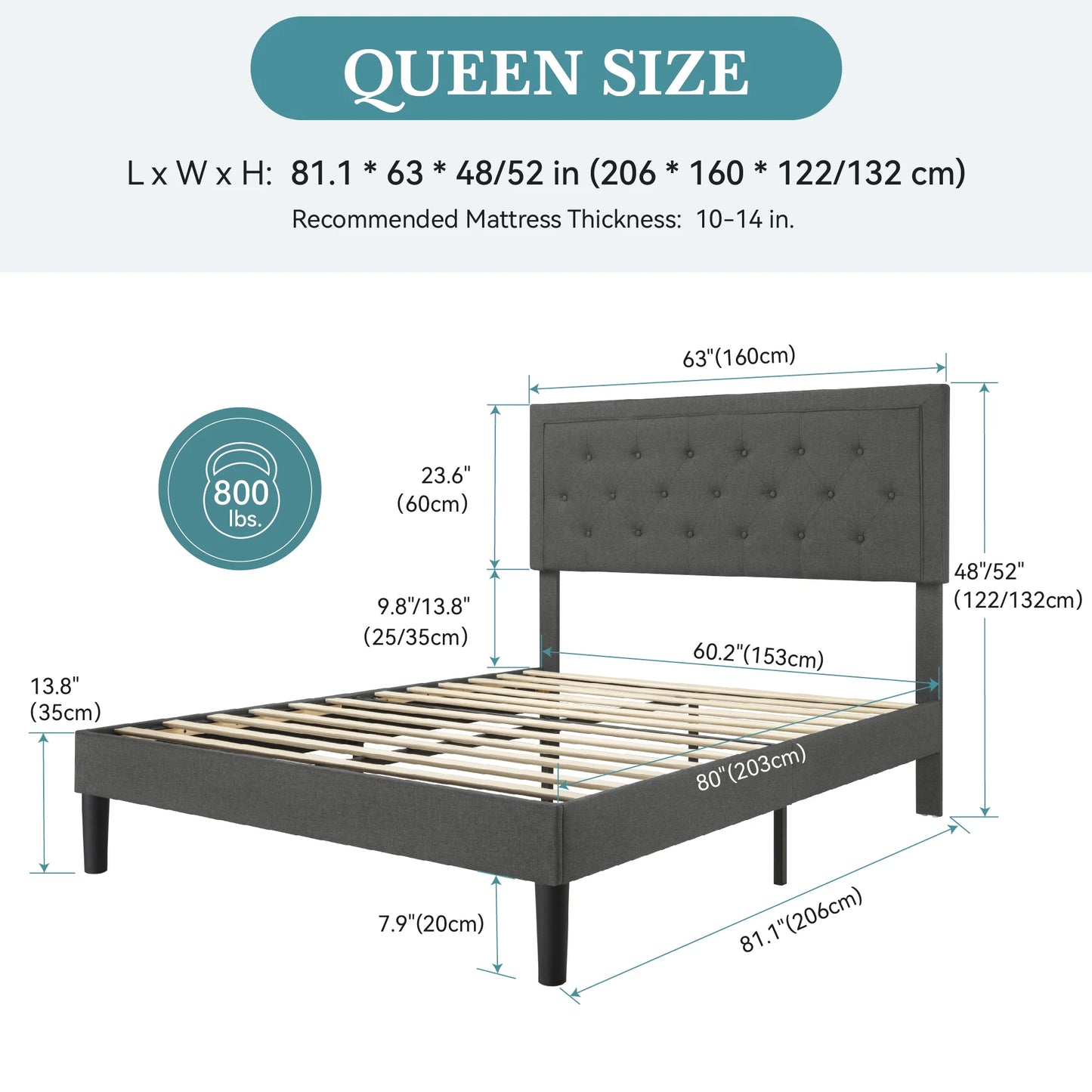 Queen Size Upholstered Platform Bed Frame with Button Tufted Linen Headboard