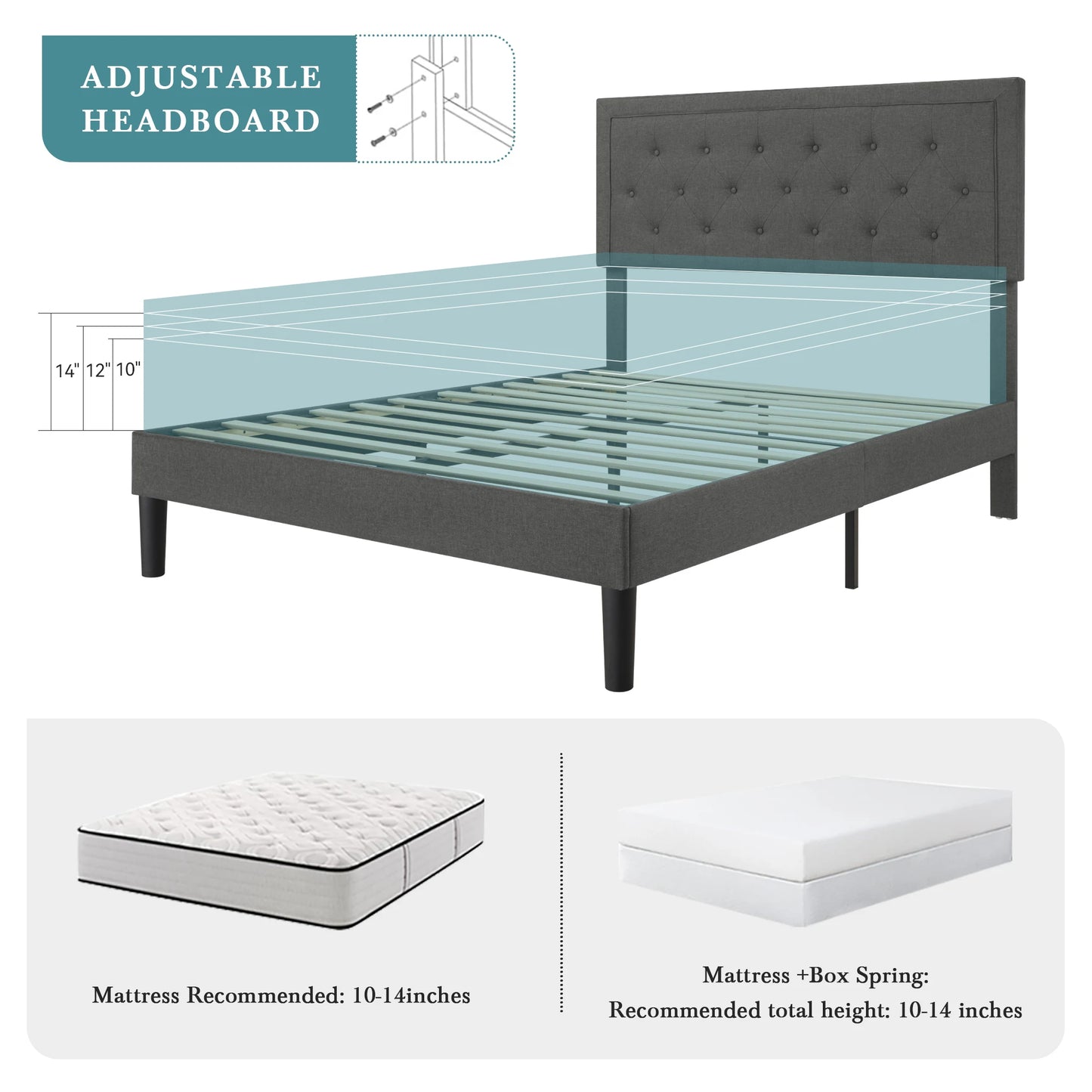 Queen Size Upholstered Platform Bed Frame with Button Tufted Linen Headboard