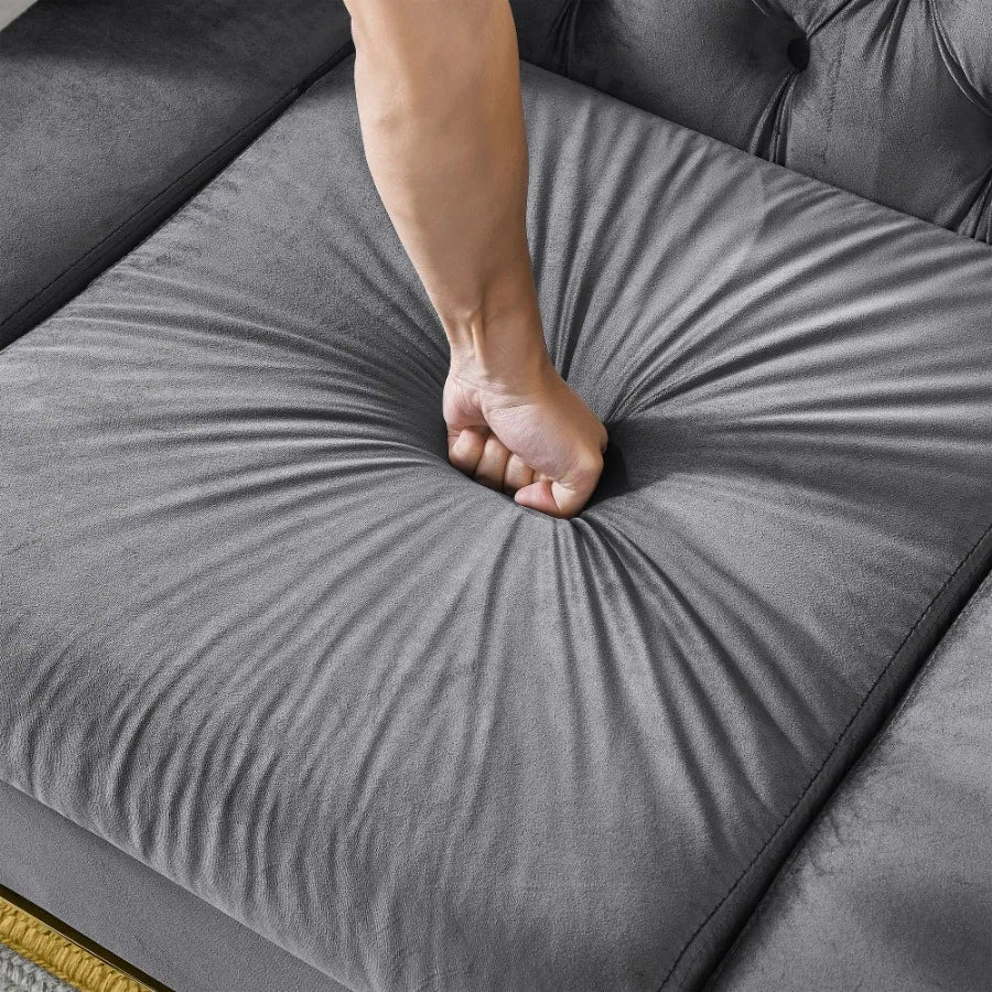 Velvet Luxury Chesterfield Sofa Set 84 Inches Tufted 3 Seat Couch with Gold Stainless for Living Room Grey Fabric