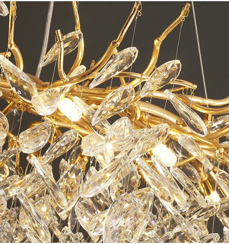 Crystal Chandelier: Luxury Gold Leaf Design LED Pendant Light for Dining & Living Room
