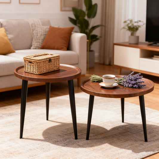 Round Coffee Table, Small Nesting Coffee Table, Mid Century Modern Coffee Table and End Table Sets Wood, Easy