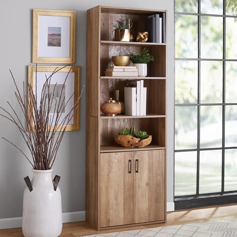 Bamboo Bookcase 5 Shelf with Doors - Adjustable Shelves Storage Cabinet for Office and Living Room