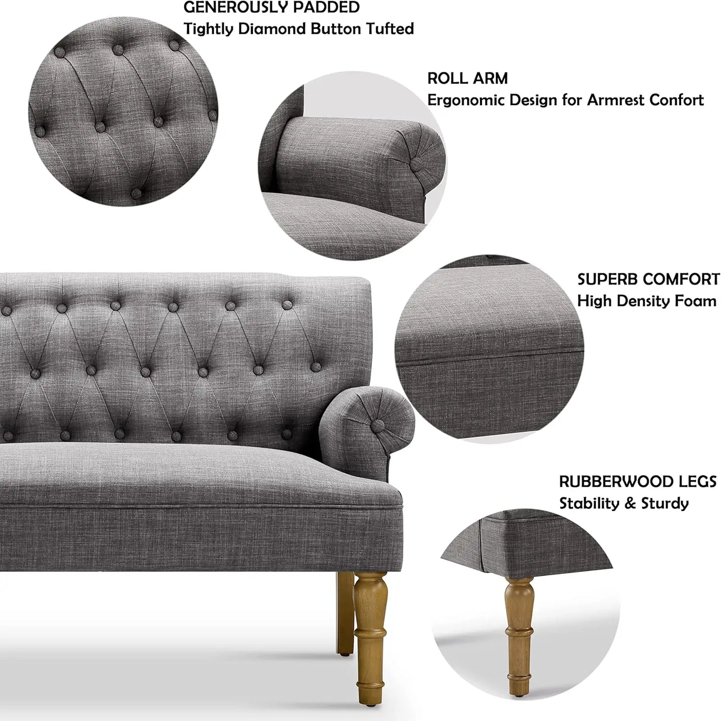 Loveseat Sofa 59": Button Tufted Linen with Rolled Arms & Gold Legs