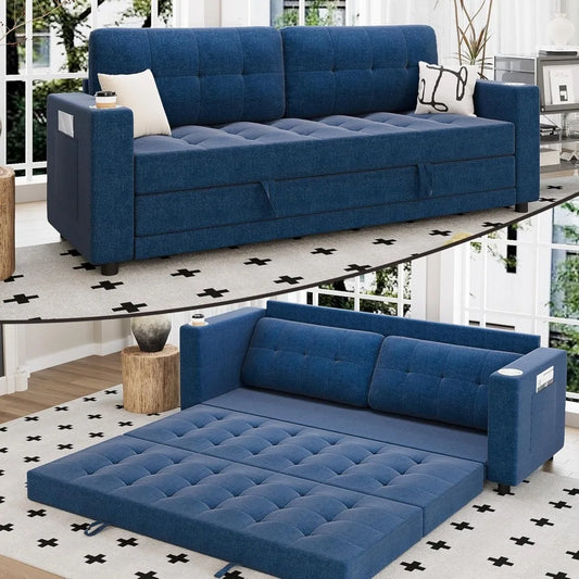 Upgraded 83" W 84" L Queen Size Futon Sofa Bed, 6" Thick Upholstery Loveseat Sleeper Sofa Pull Out Couch, Convertible Floor