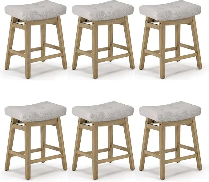 Counter Height Bar Stools Set of 3, Barstools with Upholstered Leather Saddle Seat and Solid Wood Legs 24 Inch Kitchen