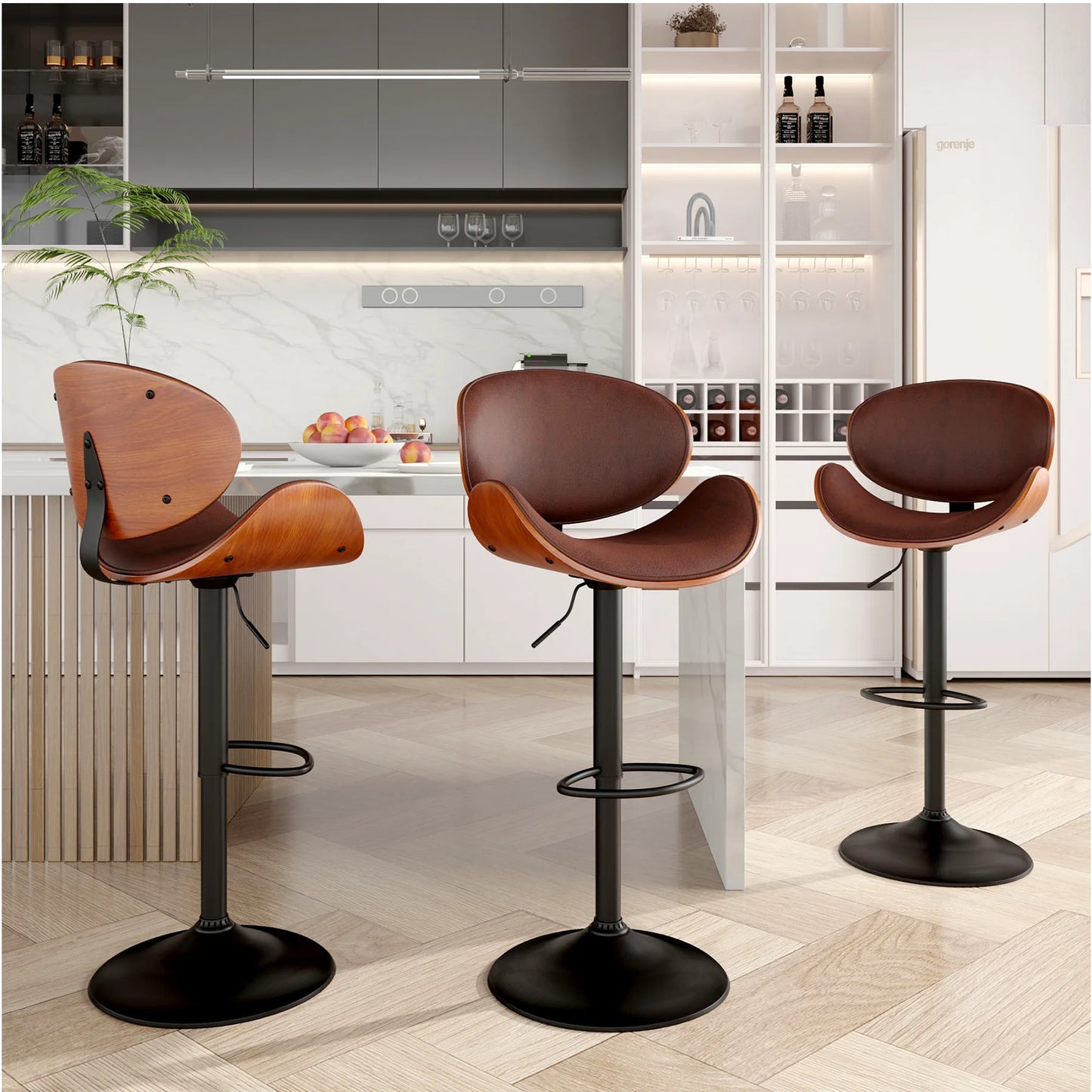 Rotating Bar Stool 2-Piece Set with Backrest and Footstool, Pu Leather Cushion Counter Height Bar Chair for Bar Kitchen and Restaurant