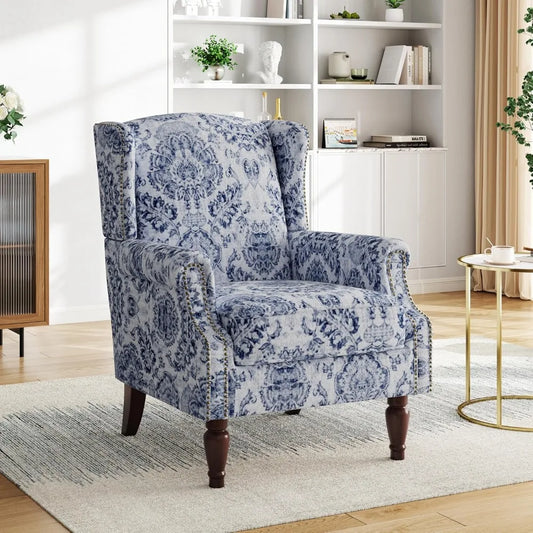 Floral-Patterned High-Back Wingback Chair with Upholstered Arms, Nailhead Trim, and Solid Wood Legs for Living Spaces