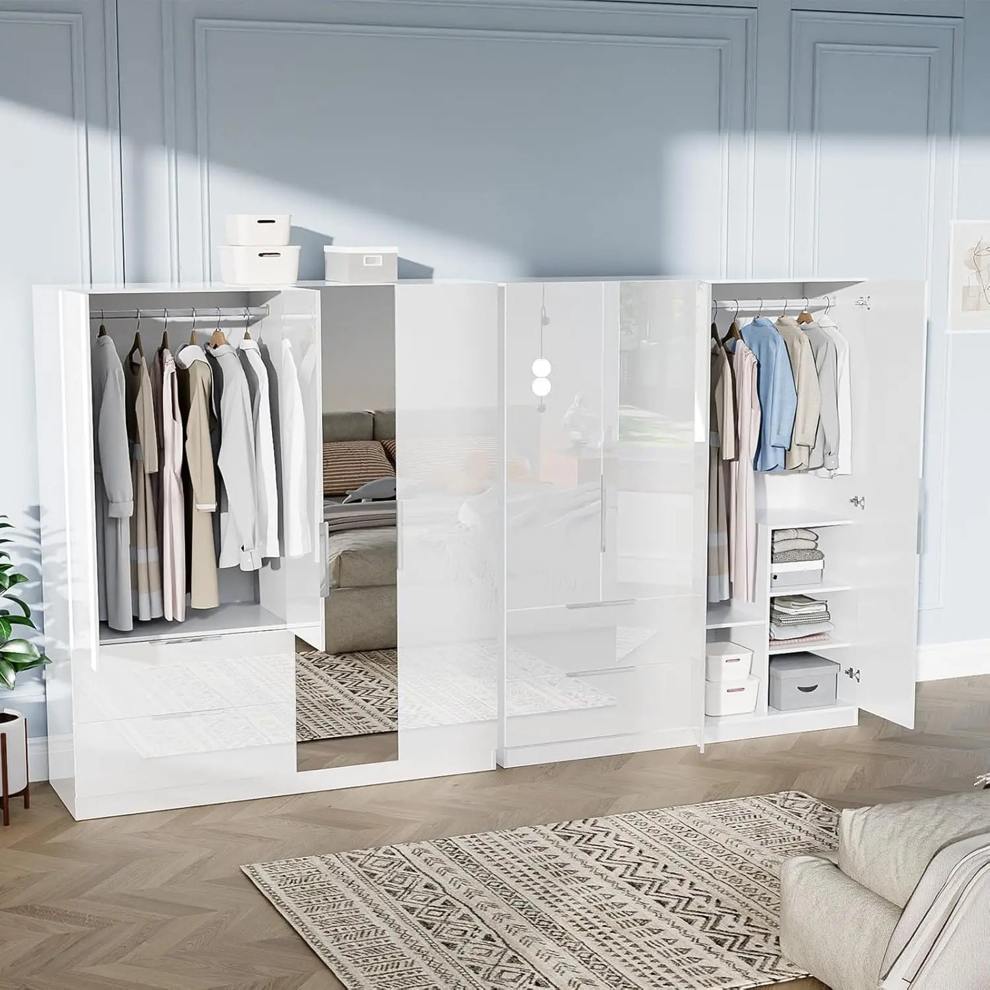 4 Door Wardrobe Closet with Mirror Doors and Drawers