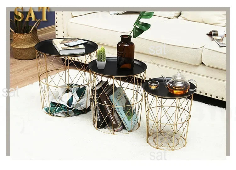 -New Nordic Golden Iron Metal Coffee Table Dirty Storage Basket Tea Fruit Snack Service Plate Tray Bed Living Room Sofa Side