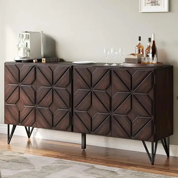 Sideboard Buffet with Hand-Carved Geometric Doors - Console Cabinet, 63"