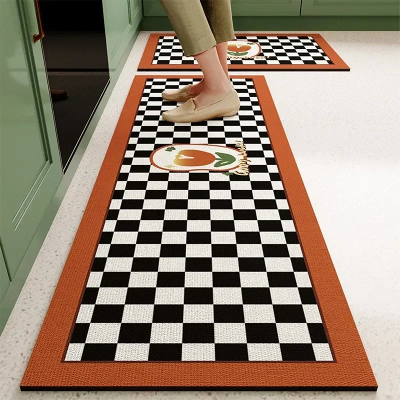 Mat for Kitchen Carpet Waterproof PVC Long Floor Mats Leather Oil Proof Anti-slip Carpets Black White Plaid Home Decoration Rug
