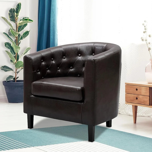 Emma Accent Chair, Button Tufted Faux Leather Barrel Chair, Midcentury Modern Accent Chair Comfy Armchair, Tub Barrel Chairs for