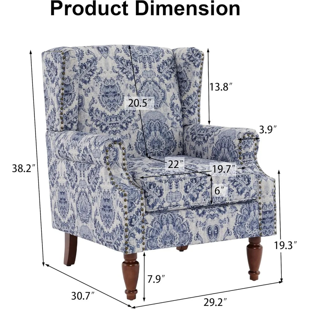 Floral-Patterned High-Back Wingback Chair with Upholstered Arms, Nailhead Trim, and Solid Wood Legs for Living Spaces