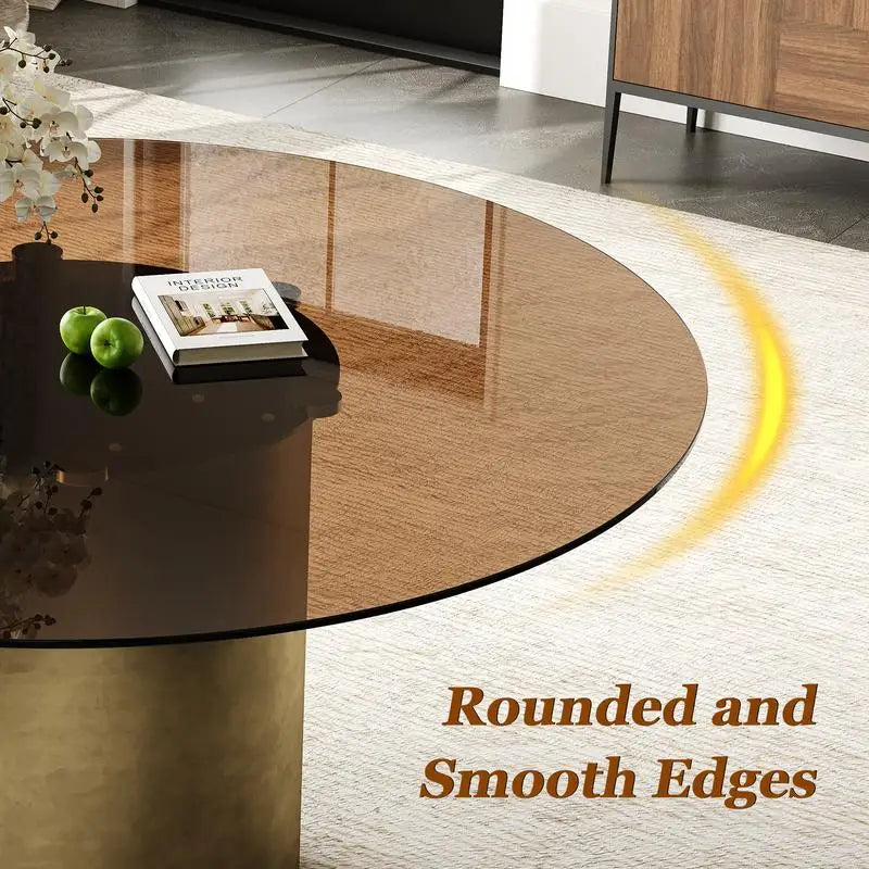 59" Round Dining Table, Dark Brown Glass Top, Antique Copper Steel Leg Base, Ideal for Family Kitchen or Living Room