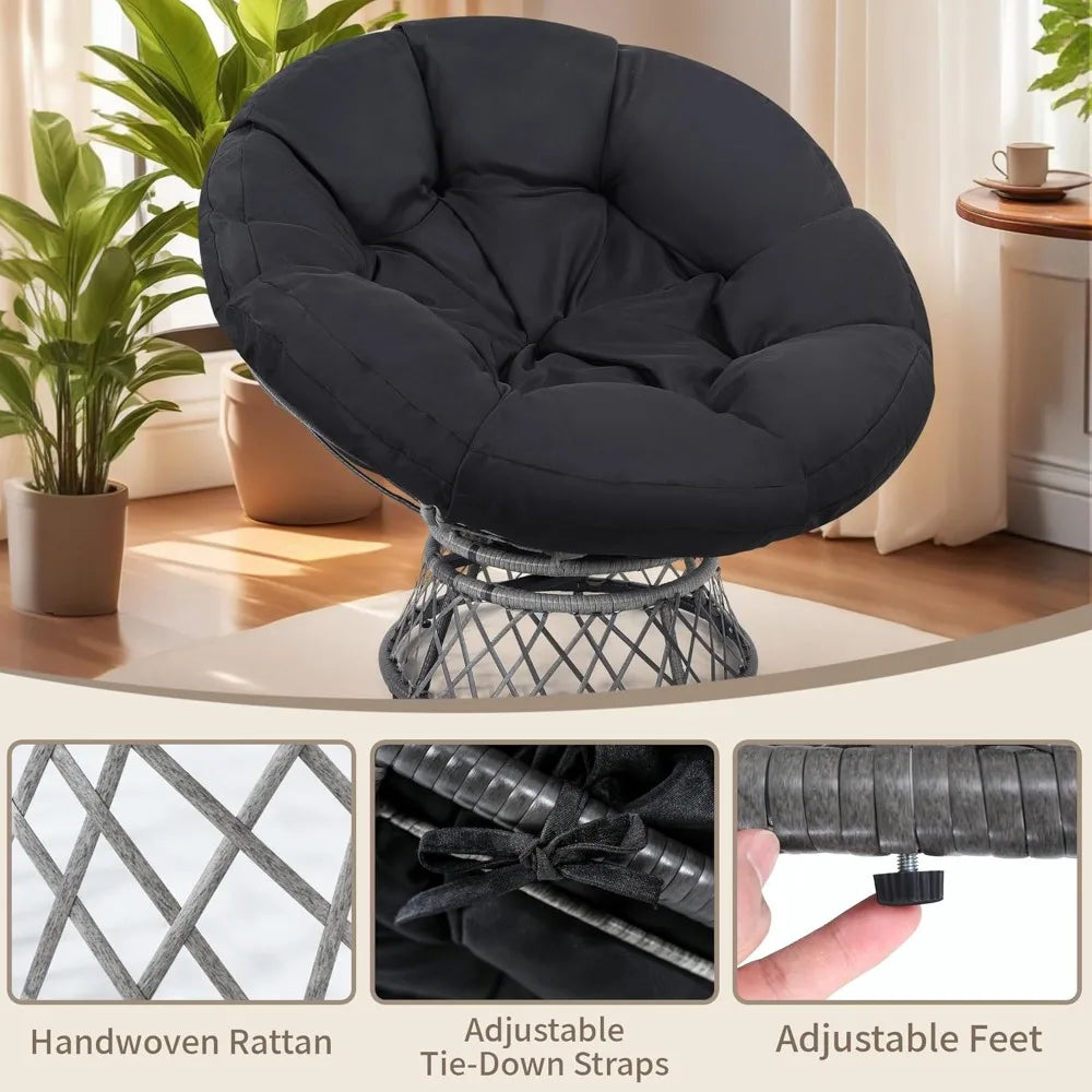 Oversized Rattan Papasan Chair with Cushions - 46" Swivel Adult Chair with Gray Frame and Black Cushions