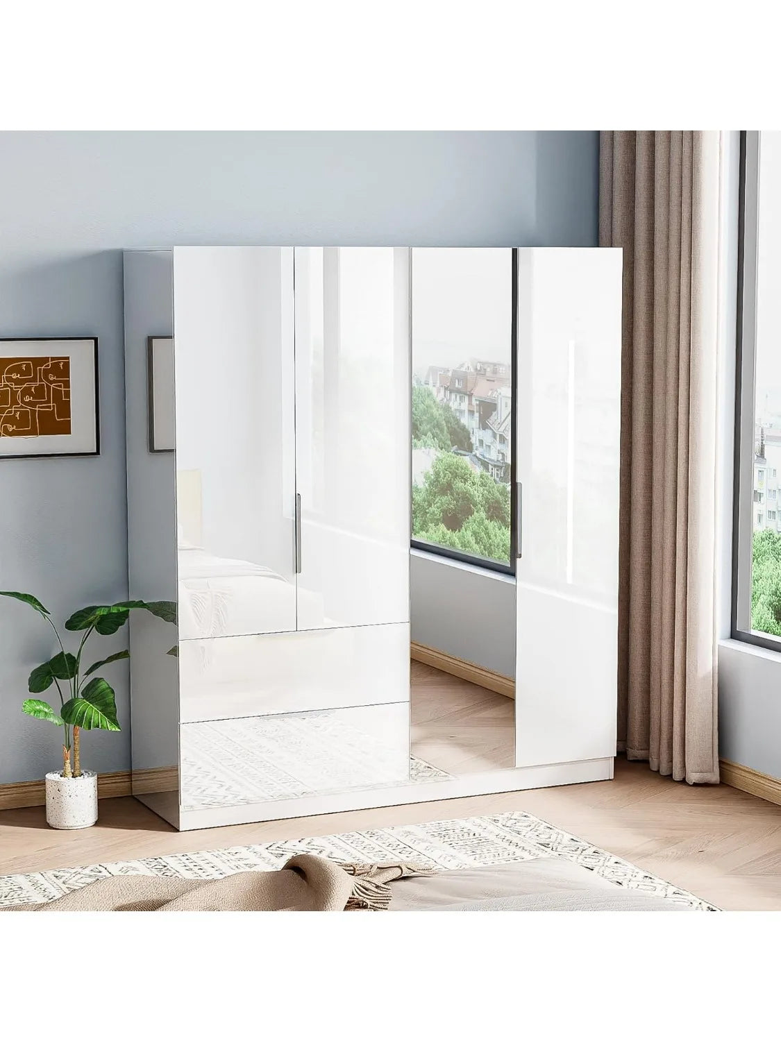 4 Door Wardrobe Closet with Mirror Doors and Drawers