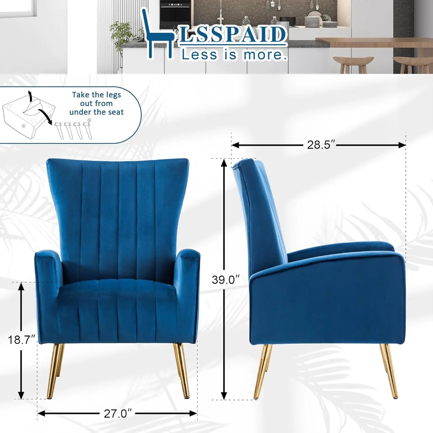 Velvet Accent Chairs Set of 2, Modern Navy Blue Fabric Armchairs with Wing Back and Metal Legs