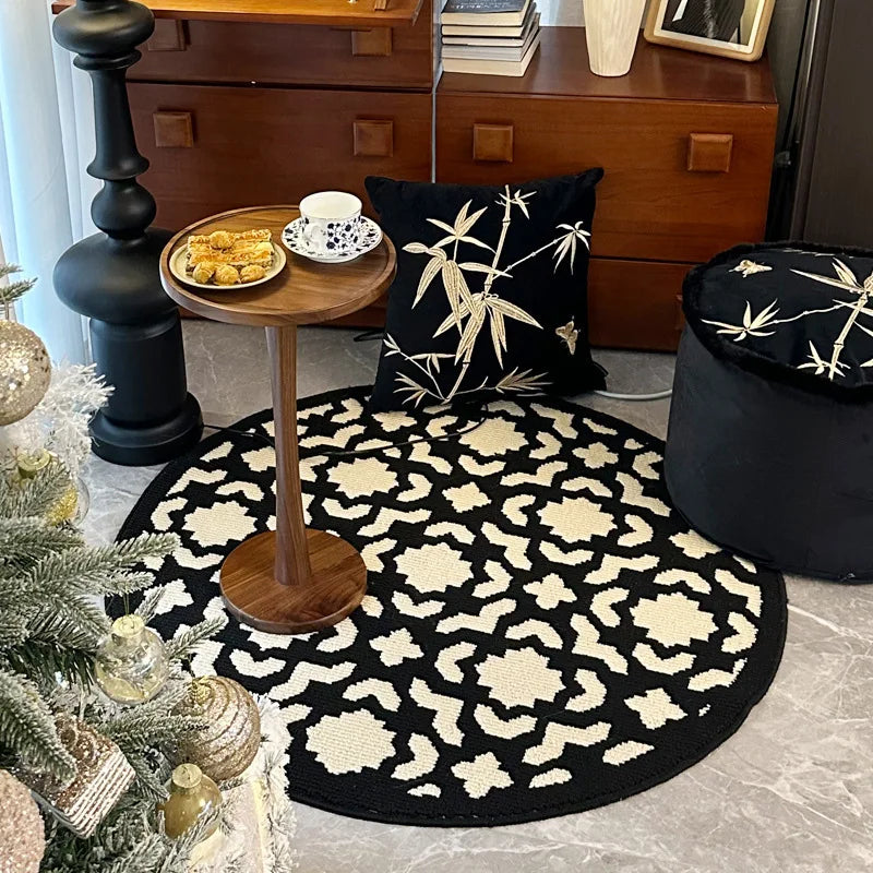 Minimalist Round Rug - Modern Geometric Black Border Carpet