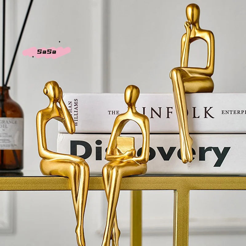 1/3Pcs Abstract Thinker Figure Sculpture Gold Resin Home Office Decor Small Ornament Abstract Statue