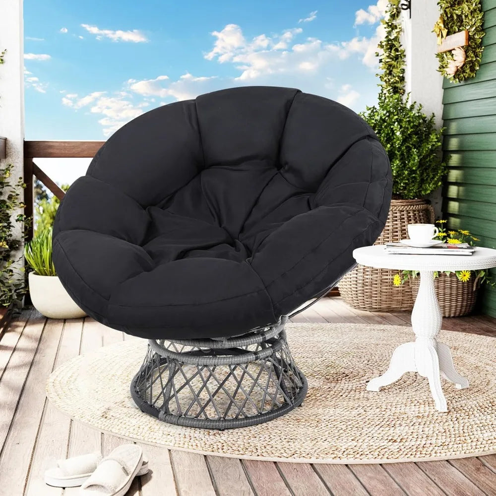 Oversized Rattan Papasan Chair with Cushions - 46" Swivel Adult Chair with Gray Frame and Black Cushions