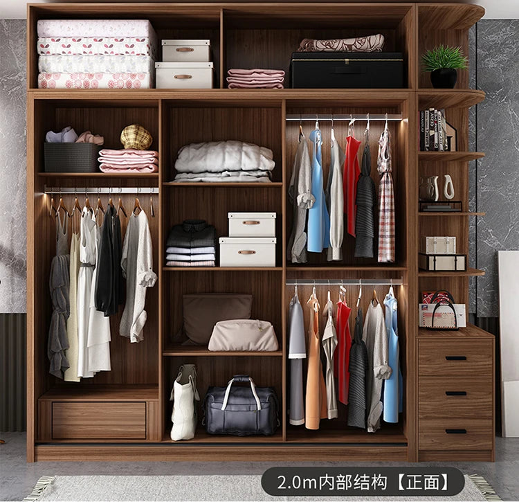 Nordic Wardrobe Bedroom Simple Glass Sliding Door Walnut Color Cabinet Sliding Door Wardrobe
