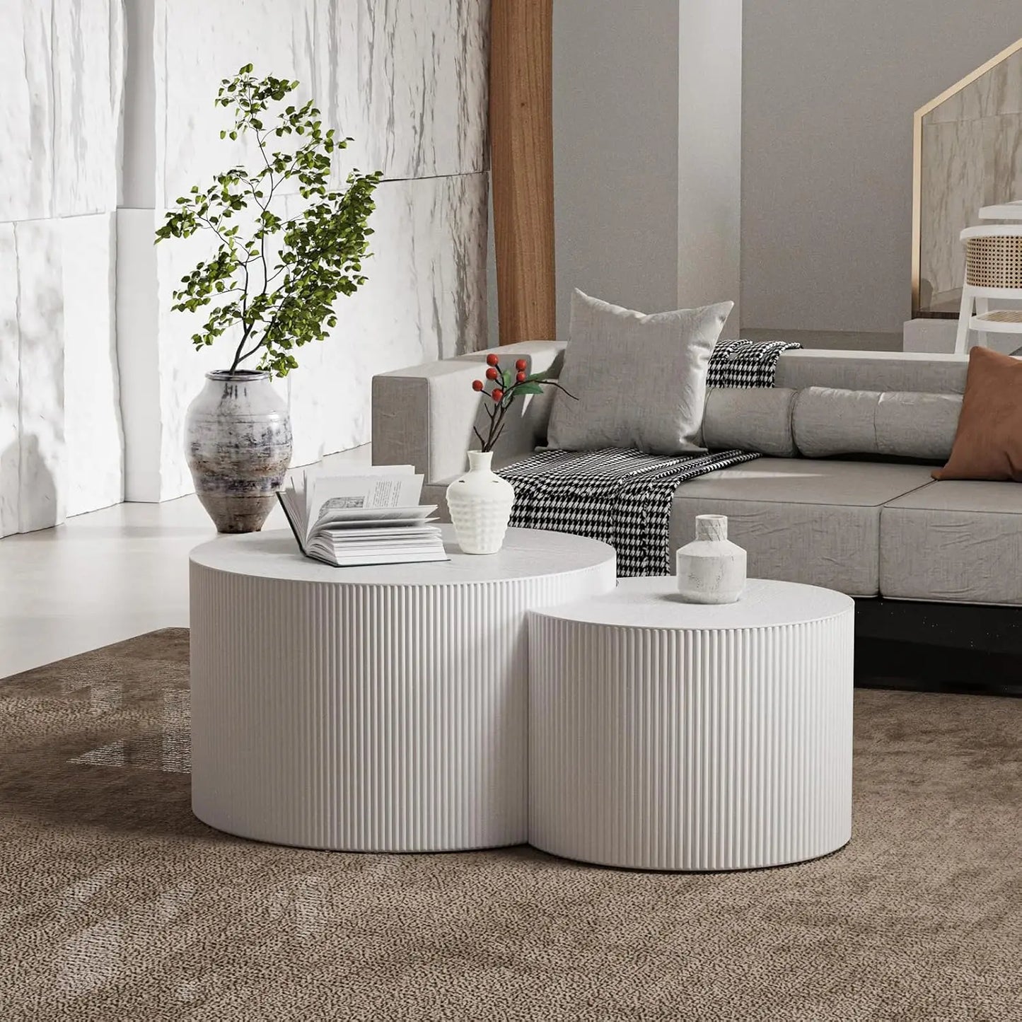 Handcraft Round Nesting Coffee Table - Chic Wave Stripe Edge, Modern Stylish Walnut Wooden Circle Fluted Center Table for Living