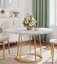 47.24 Inch Round Dining Table Kitchen Table for 4 People Wooden Marble Pattern Dinner Room Table with Gold Base for Home office