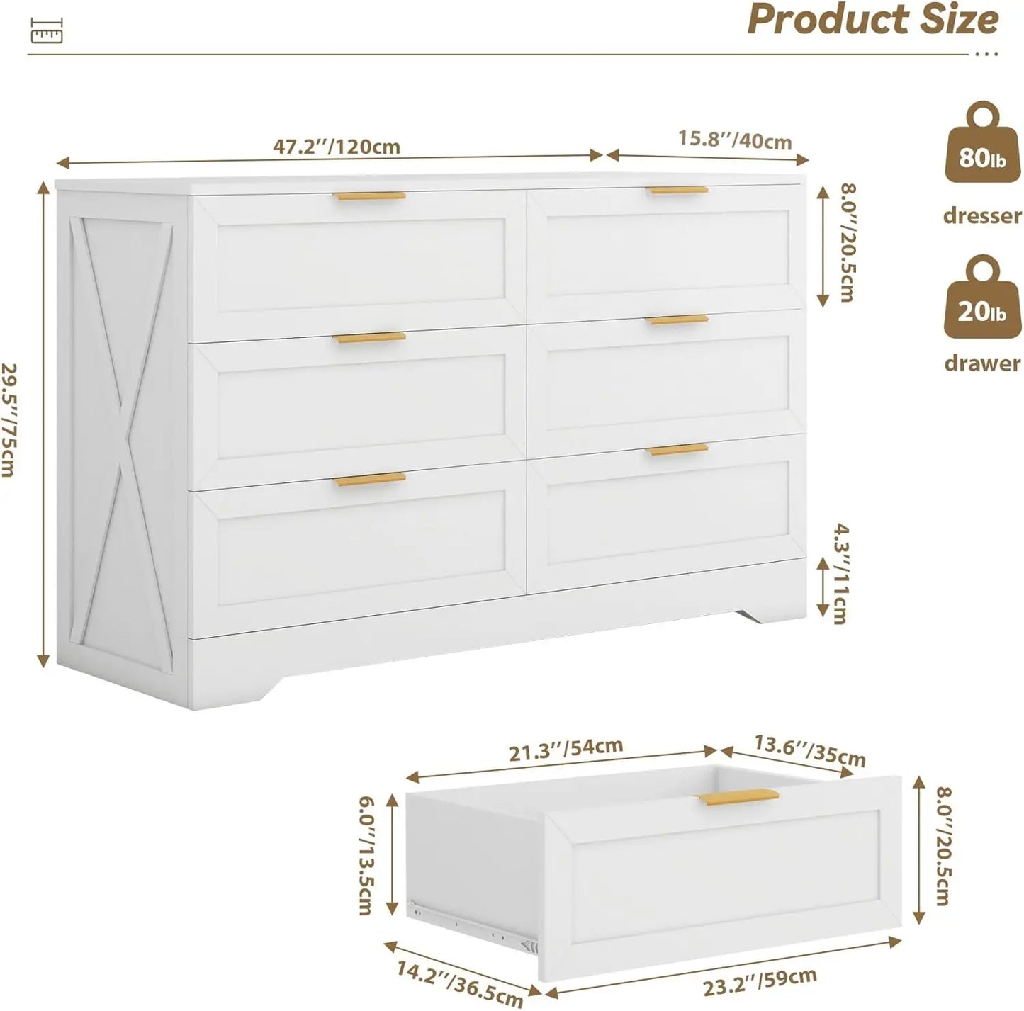 White 6-Drawer Dresser with Rose Gold Handles, Modern Wooden Storage Unit