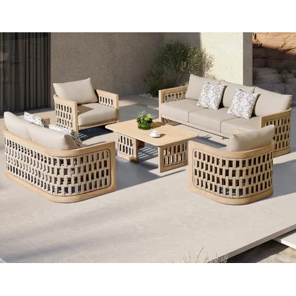 Hot Sales Outdoor Luxury Terrace Set Rope Weave Natural Teak Wood Sofa With Combination Of Strapping Patio Garden And Cushion V