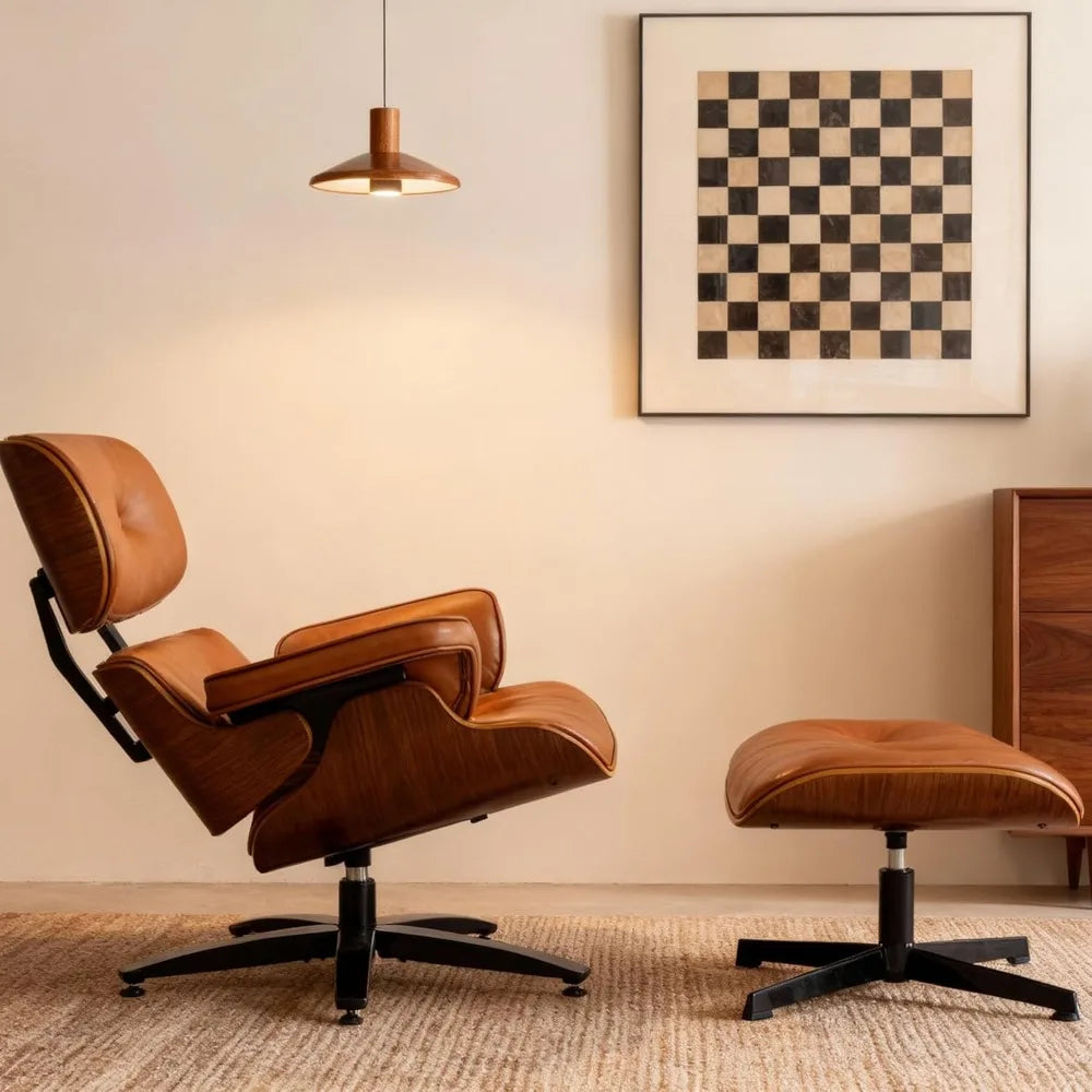 Mid-Century Modern Lounge Chair and Ottoman Set, Classic PU Leather Upholstery, Walnut Wood Trim, 360° Swivel, Ergonomic