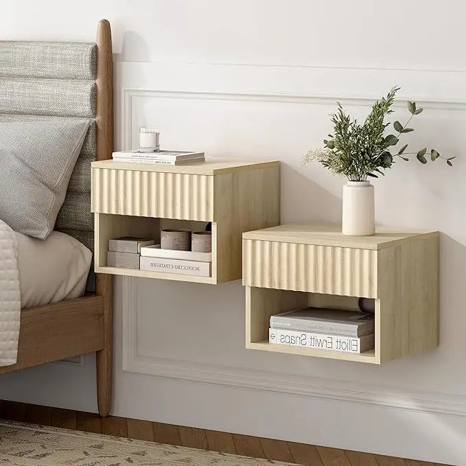 Floating TV Stands with Drawer and Open Shelf, Small Wall Mounted Bedside End Table, Modern Fluted Night Stand for Bedroom