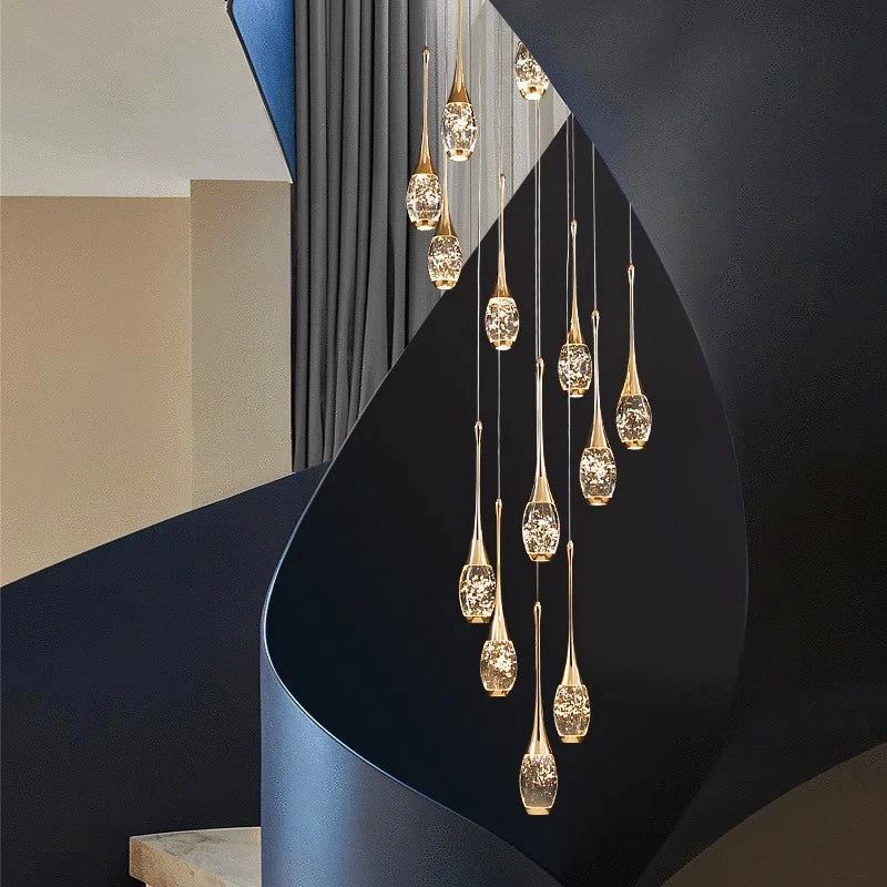 Crystal Chandelier: Multi-Drop Spiral Pendant Light in Gold - 30cm x 120cm