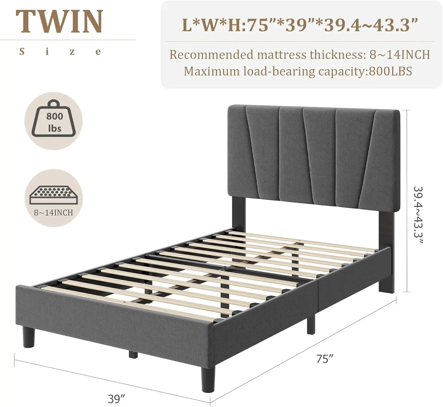 Twin Size Platform Bed Frame with Adjustable Upholstered Headboard