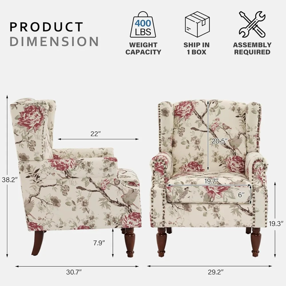 Wingback Accent Chair, 2 Set High Back Floral Armchairs in Fabric, Comfy Upholstered Reading Single Sofa Chairs with Solid Wood