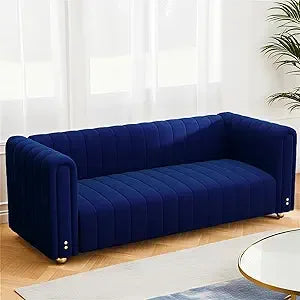 Velvet Sofa 81": Channel Tufted 3-Seat with Gold Legs for Living Room