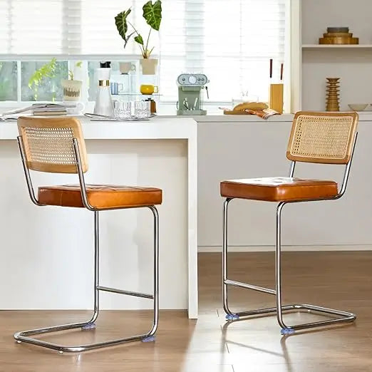 Natural Rattan Bar Stools Set of 2 - 24 Inch Counter Height with Solid Wood Backrest and Brown Faux Leather Seat