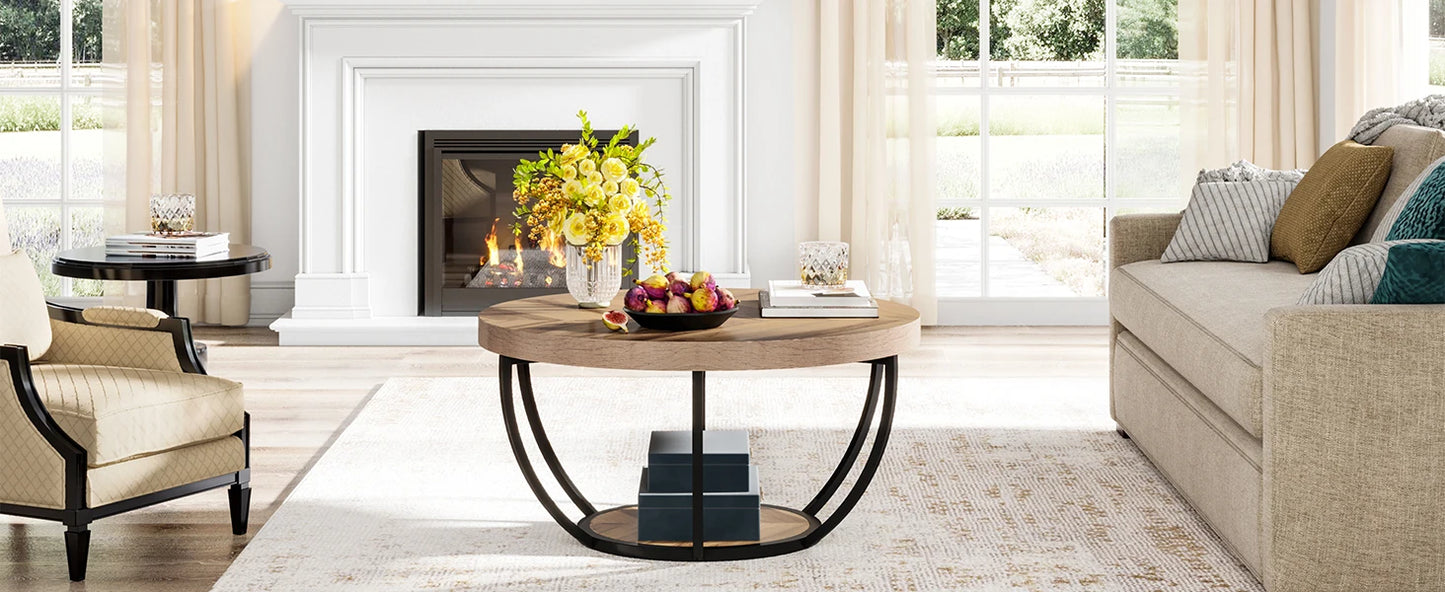 Round Coffee Table with Storage Shelves - 31.7" Industrial 2-Tier Circle Table