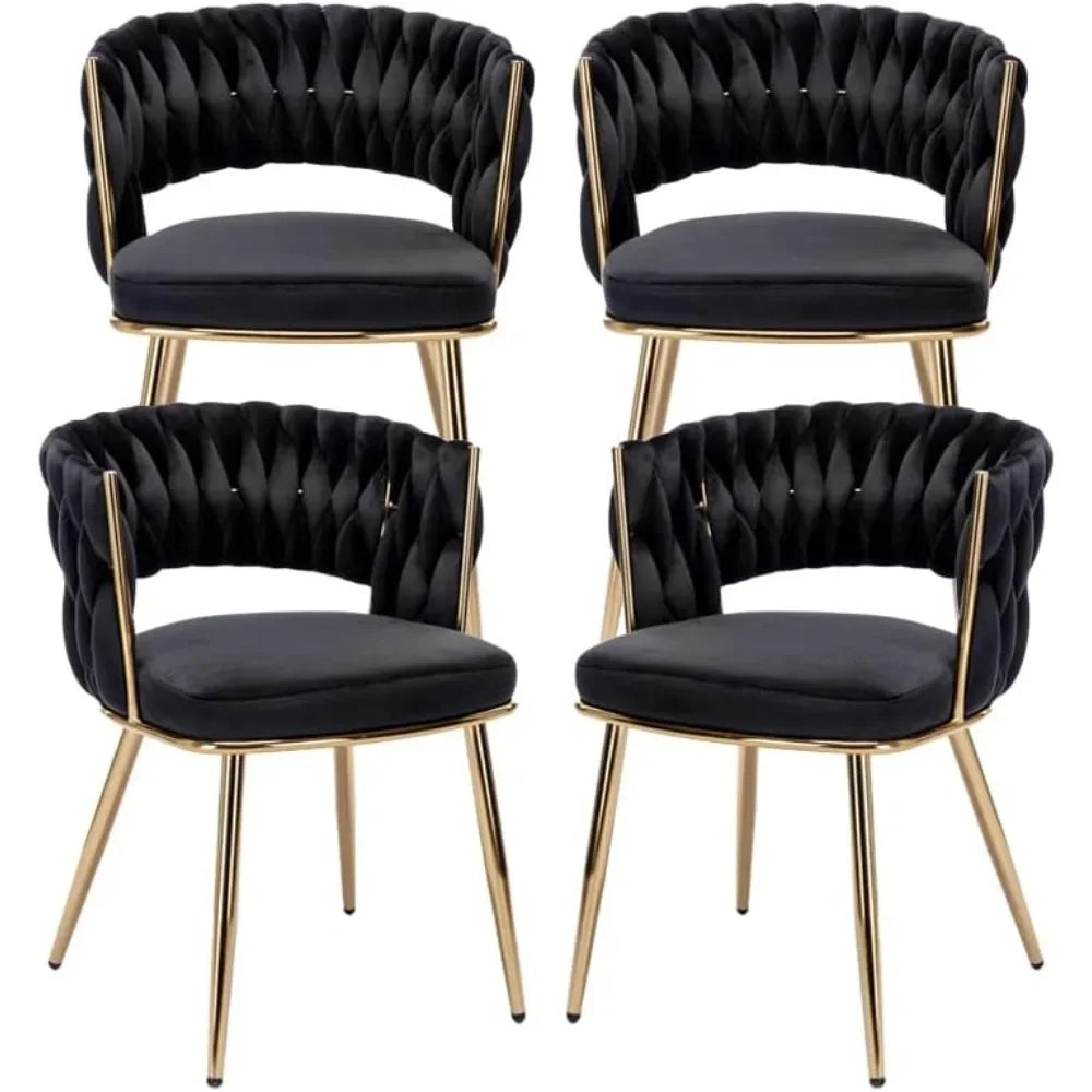 Velvet Dining Chair Set of 4, Gold Modern Dining Chairs with Metal Legs, Woven Upholstered Dining Chairs