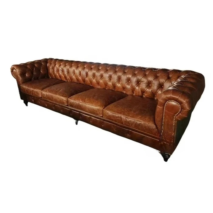 Antique Distressed Tan Leather Chesterfield Sofa 4 Seat Leather Sofas Hotel Lobby Home Luxury Chesterfield Sofas Genuine Leather
