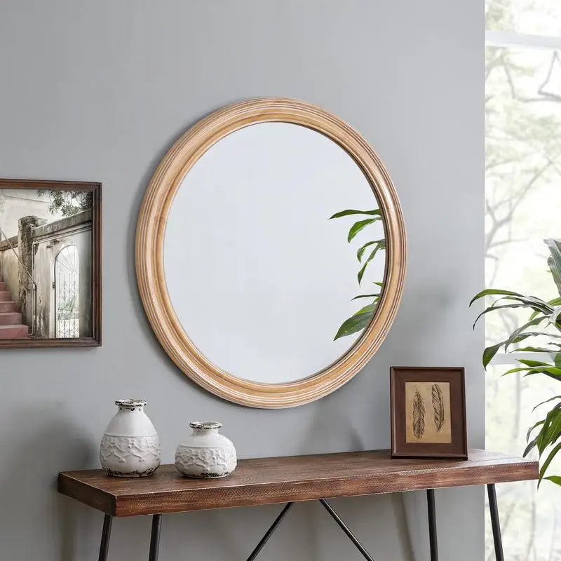 Round Wood Framed Wall Mirror with Ribbed Detail, 23.62" Natural Circle Mirror for Bathroom, Bedroom, Entryway, Coastal &
