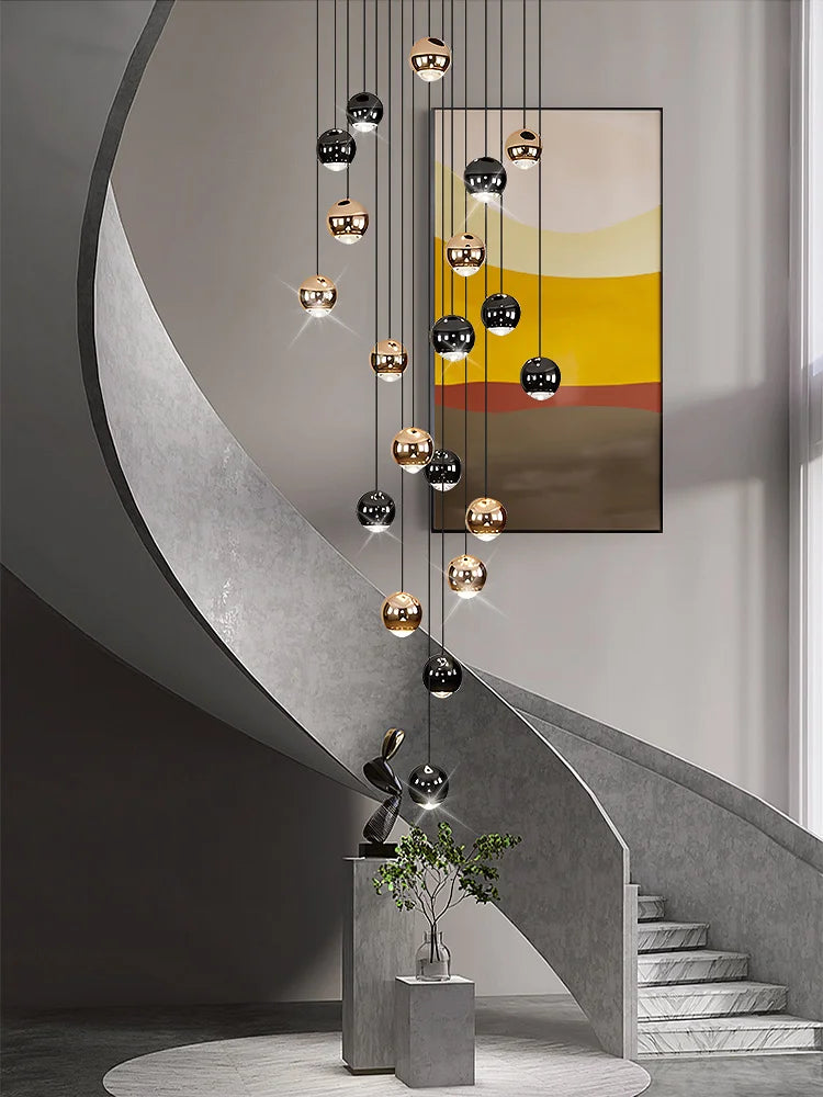 Chandelier: Multi-Drop Cluster with Metallic Globe Pendants in Black & Gold