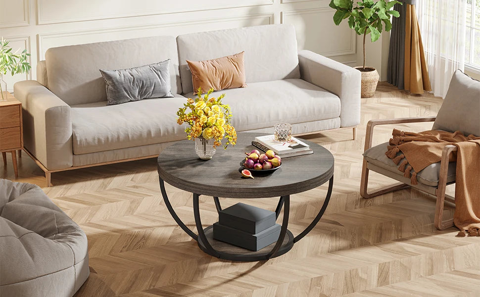Round Coffee Table with Storage Shelves - 31.7" Industrial 2-Tier Circle Table