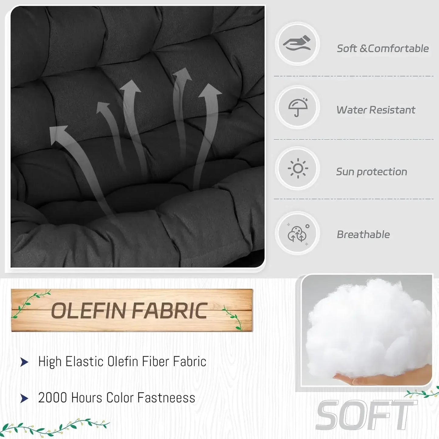 Double Egg Chair with Stand Indoor Outdoor 2 Person Large Wicker Hanging Swing Chair Grey Rattan Black Cushions with Cover