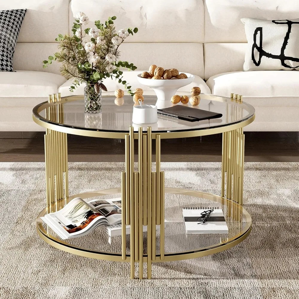 31.5" Modern Round Glass Coffee Table, Glass Side Table End Table with Circular Metal Drum Base, Tea Table with Gold Finish & Lo