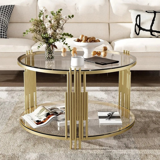 31.5" Modern Round Glass Coffee Table, Glass Side Table End Table with Circular Metal Drum Base, Tea Table with Gold Finish & Lo