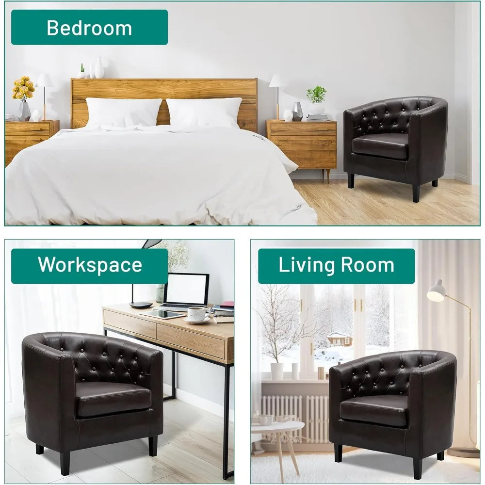 Emma Accent Chair, Button Tufted Faux Leather Barrel Chair, Midcentury Modern Accent Chair Comfy Armchair, Tub Barrel Chairs for