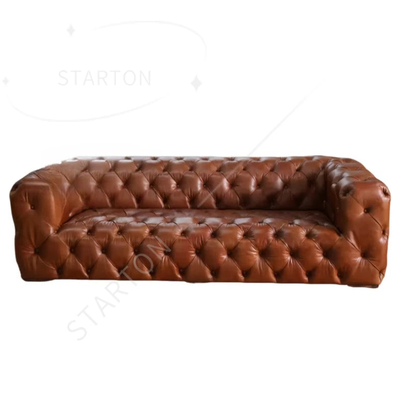 Custom Made Retro Vintage Tan Leather Classic Chesterfield Sofa Fully Tufted Buttons 3 Seat Living Room Hotel Lobby Sofa Club