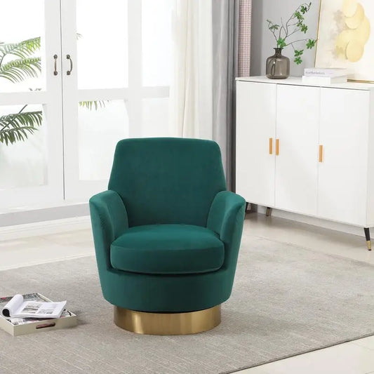Emerald Velvet Swivel Barrel Chair, Comfy Accent Armchair for Living Room & Bedroom, Round Design with Gold Stainless Steel