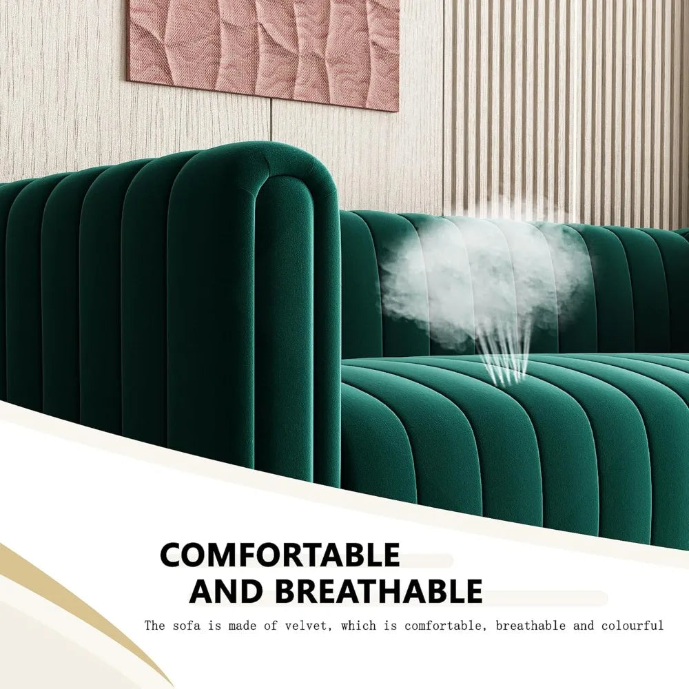 Velvet Sofa 81": Channel Tufted 3-Seat with Gold Legs for Living Room